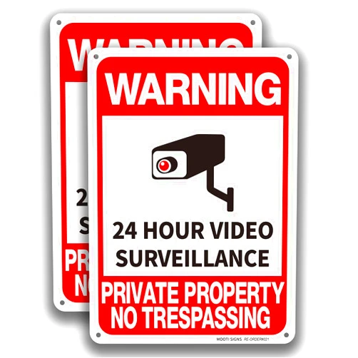 MOOTI Video Surveillance 2 Pack Private Property No Trespassing Signs, CCTV Security Camera, 10x7 in Heavy 0.40 Aluminum, UV Protected, Business, Driveway Alert (Style 1 10X7 2 Pack)