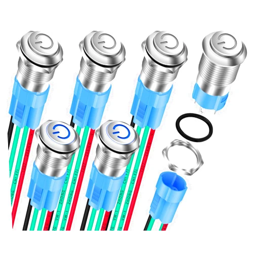 DaierTek 12mm Latching Push Button Switch 12V LED Blue Waterproof ON Off Maintained Power Button 12 Volt Small Round Metal Black Wired for Automotive - 6pcs