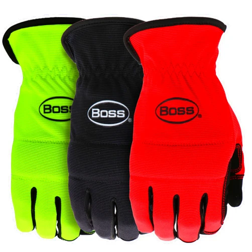 BOSS Men's Task 3-Pack High Performance Synthetic Leather Palm Work Gloves, Abrasion Resistant, Black, Red, Yellow, XL