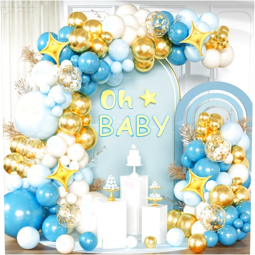 Futureferry Dusty Baby Blue and Gold Balloon Arch Garland Kit 151Pcs Slate Fog Baby Blue Sand White and Gold Confetti Balloons for Boy Baby Shower Bridal Shower Birthday Anniversary Party Decorations