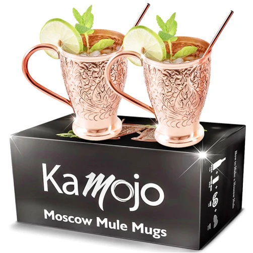 Kamojo Moscow Mule Mugs Set of 2 - Premium Unique Embossed Design & Anti-Tarnish, Food-Grade Coating - Copper Cups Gift Set with 2 Copper Straws & Recipe E-Book, 16 oz
