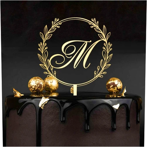 Cheyan Initial M Cake Topper, Personalized Letter Gold/Silver Glitter Cake Topper, Monogram Wood/Acrylic Wedding Topper, Wreath Cake Topper for Birthday Rustic Anniversary Party Supplies, Made in USA