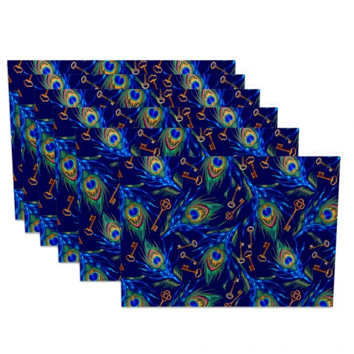 Snowmolle Peacock Feather Placemats for Dining Table Set of 6,Vintage Keys Place Mats for Home Party Kitchen Indoor Holiday Rustic Washable Heat Resistant Table Mats 12 x 18 Inch