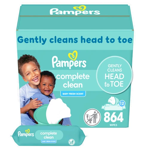 Pampers Baby Wipes, Complete Clean Baby Fresh Scented Wipe, Gently Cleans Head to Toe, 864 Total (12 Flip-Top Packs)