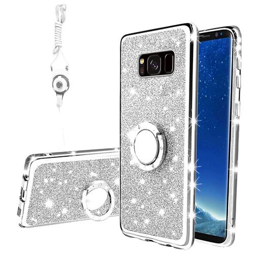 KuDiNi for Samsung Galaxy S8 Case, Samsung S8 Case for Women Glitter Crystal Soft Clear Tpu Luxury Bling Cute Protective Cover with Kickstand Strap for Samsung Galaxy S8 Case (Glitter Silver)
