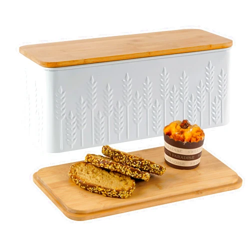HOME PALETTE Large Bread Box for Kitchen Countertop Corner Breadbox for Homemade Bread Metal White Ear of Wheat Pattern Embossed Bread Storage Container Bin with Bamboo Lid