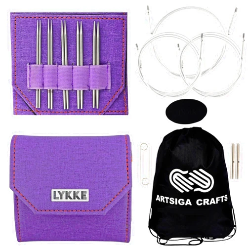 Lykke Flight 3.5 in. Mini Set US Sizes 0, 1, 1.5, 2, 2.5 Interchangeable Circular Knitting Needles for Lace, Fingering, Sock, Baby Yarn, Stainless Steel, 3 Cords, Purple Case, Project Bag