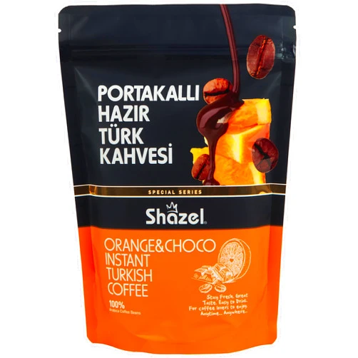 Shazel Chocolate & Orange Instant Turkish Coffee - 200g (7oz) Doypack, Unique Mint Flavored Coffee, Freshly Ground Beans with Orange Peel Oil