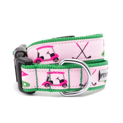 THE WORTHY DOG Collar for Medium Dogs, Adjusts 12-18 inches, Durable Nylon Webbing, Quick Release Buckle, Golf Pattern, Pink, Medium