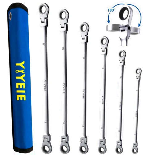 YIYEIE 6 Pcs Extra Long Flex Head Ratcheting Wrench Set, Metric Long Wrench 8mm - 19mm, 72-Tooth Double Box End Wrenches, Chrome Vanadium Steel with Mirror Polish Finish, Rolling Pouch