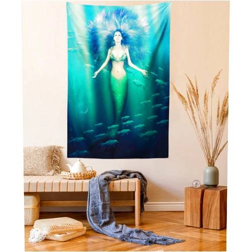 Ambesonne Mermaid Tapestry Queen Size, Mermaid with Fish in Sunbeams Sun Rays Underwater World, Wall Hanging Bedspread Bed Cover Wall Decor, 88