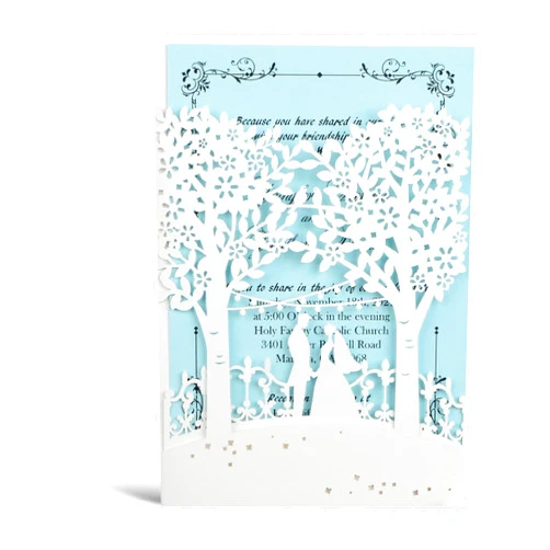 ALVESTORY 50x Elegant Laser Cut Bride and Groom Lace Floral Wedding Invitations Cards with Tree Design White 5x7 SKY Blue White Personlised