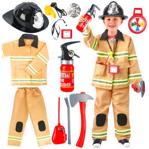 CAPTAIN CHAOWING Firefighter Costume for Kids 3-5, Fireman Costume for Boys with Toy Accessories Set, Firefighter Clothes Suit, Toddler Fireman Dress Up Outfit 2-4t, Halloween Costume for Boys Girls Age 4-7