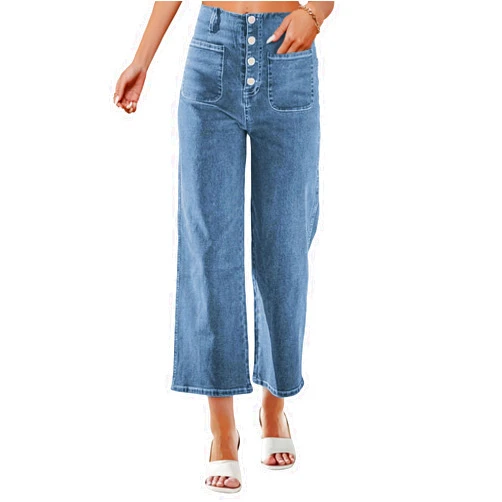 Omoone High Waisted Jeans for Women Straight Wide Leg Stretchy Loose Denim Pants with Pockets