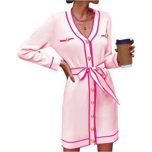 Pink Queen Women's Long Sleeve Button Down Mini Dress Elegant V Neck Open Front Color Block Knit Sweater Cardiagns with Belt