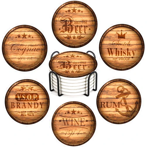 Britimes Set of 6 Coaster for Drinks Absorbent with Cork Base, Metal Holder, Round Wooden Stone Drink Mat for Coffee Wood Table, Gift for Birthday, Farmhouse Housewarming Room Bar Decor Retro 2