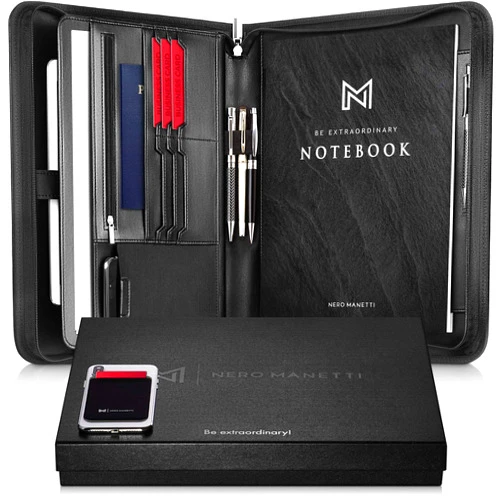 NERO MANETTI- Zippered Vegan Leather Padfolio/Portfolio Pad Holder-Business PU Leather Notepad Folder for Resumes, Interviews, iPad/Tablet, Phone, Legal Pad Notebook Executive Binder for Women, Men