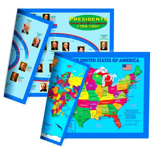 NewSpaceView Natural Learning Children's Placemat (2 Placemats: USA/USA Centered World Map; US Presidents)