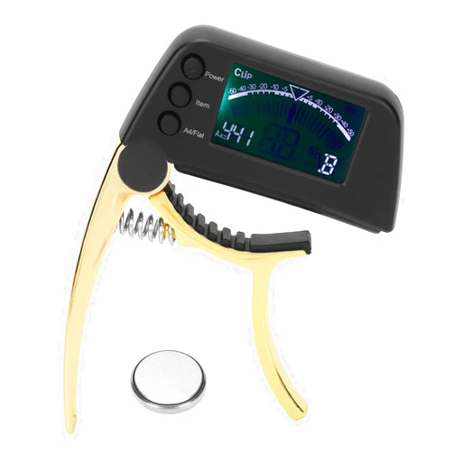 LiebeWH Guitar Capo Tuner 2 in 1 Guitar Tuner Clip with Large and Clear LCD Screen for Acoustic Electric Classical Ukuleles(Shiny Gold)