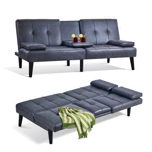 COLAMY Futon Sofa Bed-Leather Small Futon Couch, Futon Lounge Sofa, Futon Convertible with Cup Holder, Removable Armrest, Adjustable Backrest Darkgrey