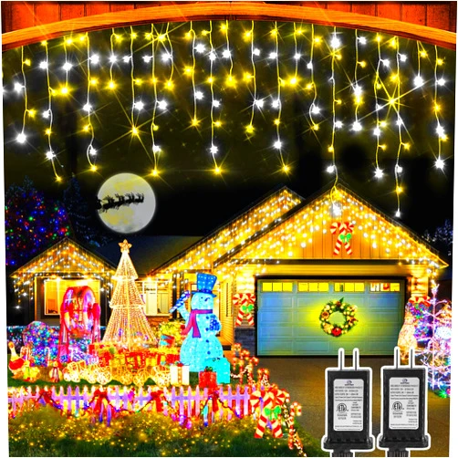 Heceltt Christmas Lights Outdoor, 2 Pack Total 98FT 960 LED Ice Lights for Outside with 180 Drops 8 Modes Timer Memory, Plug in Waterproof for Holiday Eaves Yard Roof Party Decor (Cool White and Warm White)