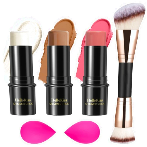 Hilareco 3 Pcs Cream Contour Stick Makeup Kit, Shades with Highlighter Stick, Blush Stick and Bronzer Contour Stick for Sculpt the Cheeks, Waterproof, Matte & Dewy Finish (Light-Medium,#02+#10+#12)
