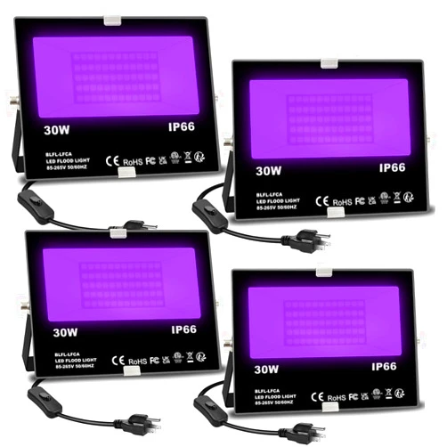 MELPO Black Light 30W LED Blacklight Flood Light Outdoor for Glow Party, Halloween Decoration, Body Paint, Fluorescent Poster, Neon Glow, IP66,US-Plug-Switch-6.7Ft Cord (4 Pack)