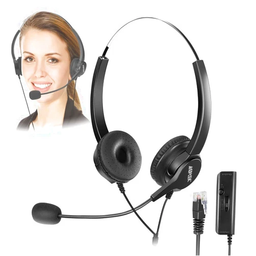 AGPTEK Hands-Free Call Center Noise Cancelling Corded Binaural Headset Headphone with 4-Pin RJ9 Crystal Head and Mic Microphone for Desk Phone - Telephone Counselling Services, Insurance, Hospitals