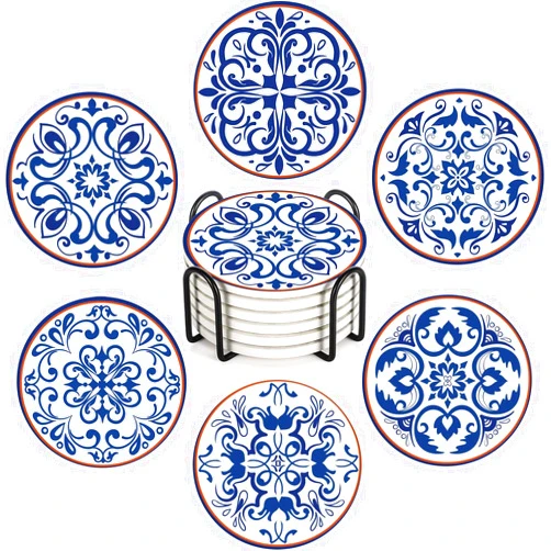 Bribay Coaster for Drinks Set of 6, Blue Vintage Spanish Ceramic Floral Absorbent Round Ceramic Stone Mat, with Cork Base and Metal Holder, Gift for Housewarming Room Bar Decor