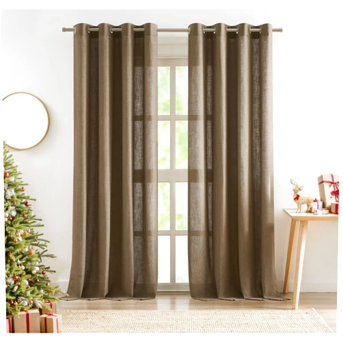 Central Park Coffee Linen Semi Sheer Grommet Curtain Panel 84 Inches Long for Living Room, Flax Linen Blended Farmhouse Rustic Light Filtering Window Treatment Drape for Bedroom, Café Brown, 58
