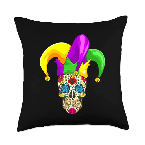 GoshWow Sugar Skull Mardi Gras Jester Joker Louisiana Carnival Party Throw Pillow, 18x18, Multicolor