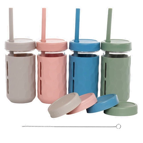 WeeSprout Glass Cups With Lids & Straws, Spill-resistant Cups for Toddlers & Kids, Triple as Toddler Cups, Baby Food Storage & Snack Jars, XL Silicone Straws, Easy-grip Sleeves, Set of four 12 oz jars