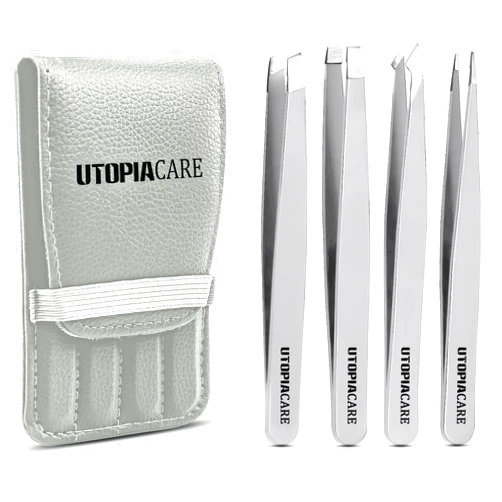 Utopia Care Tweezers for Women Facial Hair (4 Piece), Eyebrow Tweezers for Women Professional, Precision Tweezers Set for Women, Pointed Tweezers Slant Tip, Ingrown Hair Tweezers for Men (Silver)