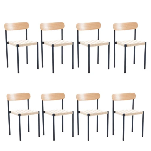 DUOMAY Woven Dining Chairs Set of 8 - Stylish Seating with Chic Woven Cushion, Black Metal Frame, Wooden Backrest, Comfy Side Chair for Dining Room
