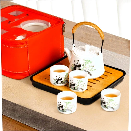 Lifavor Chinese Gongfu Tea Set, Giftable Teapot Set with Classic Chinese Mascot Pattern, All in One Bag for Portability, for Camping, Gathering, Home, Indoors Outdoors, with Orange Bag