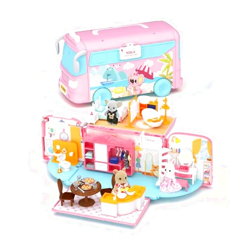 MITCIEN Dollhouse Playset, DIY Pretend Portable Caravan Camper Bus Toy Kit with Little Critters Bunny Dolls Mini Cottage House Set Camping Family Toys for Toddler 3 4 5 6 Year Old Girl