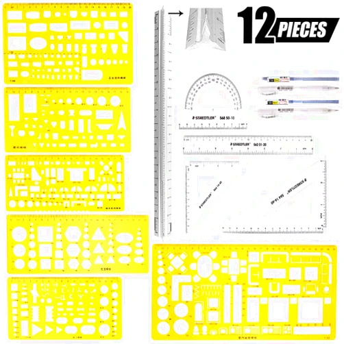 Swpeet 12Pcs Plastic Yellow Geometric Drawings Templates Kit, 6 Different Geometric Measuring Drawings Templates Stencils with 2Pcs Pencil and 5Pcs Measuring Ruler for Drawing Engineering Drafting