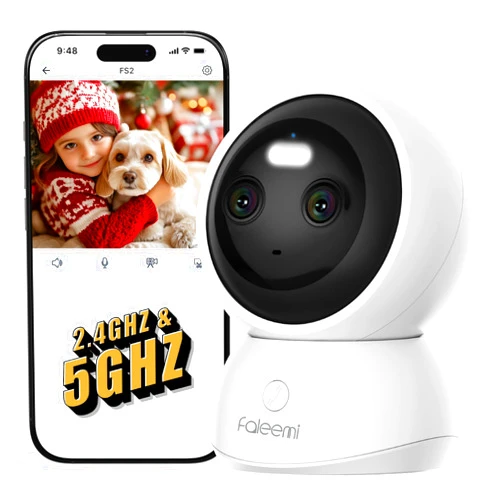 Faleemi Dual Lens 2.4/5GHz WiFi Security Camera, 360° PTZ 2K Indoor Nanny Cams with Phone App, 2-Way Audio, Motion Tracking, Night Vision, for Pet/Dog/Baby Monitor/Elder/Home Security, Local Storage