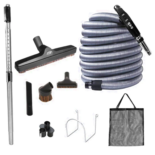OVO Plus Central Vacuum Deluxe, 35ft ON/Off Low-Voltage Hose, 12’’ Premium Floor Brush, Cleaning Tools and Easy Storage Accessories, for Hard Surfaces, Kit A 35', Black