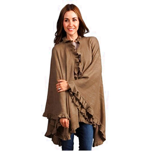 Fennco Styles Women's Ruffle Trim Knit Open Front Poncho Cape Shawl - Fall Wrap Jacket, Cozy and Stylish Layering Piece