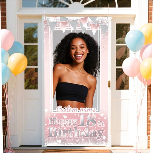 AUBAO Personalized Happy Birthday Door Banner with Photo Custom Name Birthday Decorations Party Supplies for Women Men (Rose Pink)