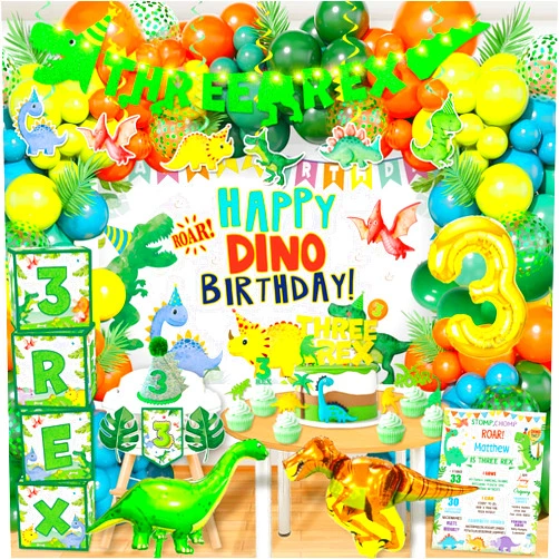 cocomigo 147pcs Three Rex Birthday Decorations Boy, Dinosaur Birthday Decorations 3 Year Old Boy Include Three Rex Balloons Banner Backdrop Etc, for 3 Rex Birthday Decorations Boys and Grils
