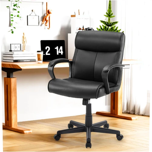 Sweetcrispy Ergonomic Office Chair Adjustable Height 360° Swivel Rolling Executive Computer Task Chairs with Padded Armrests, PU Leather, Modern Black