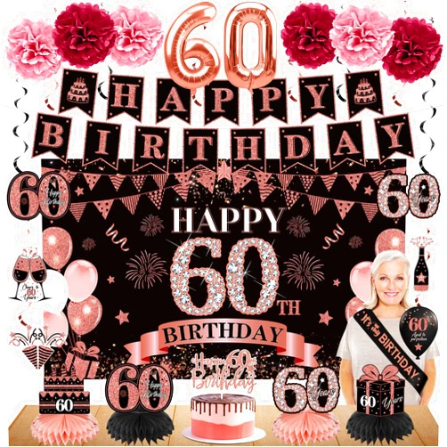 Eucutur 42PCS 60th Birthday Decoration Kit for Women, Rose Gold Happy 60th Bday Banner Balloons Honeycomb Centerpiece Swirl Paper Pompoms Party Supplies, 60 Bday Sash Table Cake Topper Swirls Set