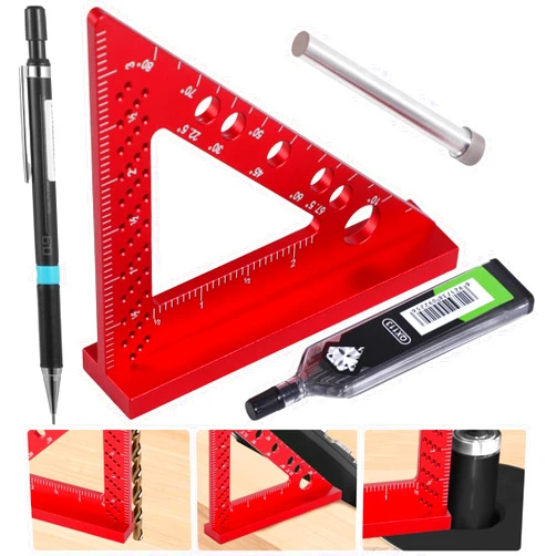Lnrueg Small Carpenter Square Woodworking - Small Square Tool with Fixed Angle Pin and 0.9mm Mechanical Pencil - Precision Accurate Mini Carpenter Square - Aluminum Triangle Ruler for Woodworking