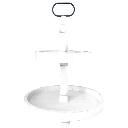 FOUNDATIONS DECOR Tiered Tray Decor - Versatile, Wooden 2 Tiered Tray Stand for Home Décor and Figurines - Farmhouse Tier Tray Decor in Distressed White Finish - Round Tiered Tray Decorations by Foundations Decor