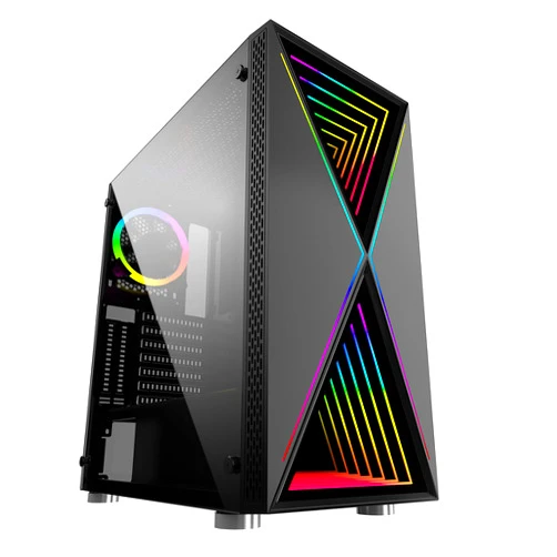 Bgears b-BlackWidow-RGB Black Gaming PC ATX case, Special Ripple effect Front Panel, Tempered Glass side. 2 x USB3.0, 3 x PWM 120mm ARGB Fans, Fan Controller with Remote, Support up to EATX board