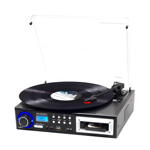 Pareiko 3 Speeds Record Player Portable Bluetooth Turntable with Built-in Dual Stereo Speakers, Vinyl Phonograph Supports USB/SD/MMC Cassette Aux-in 3.5mm Audio Jack, Black