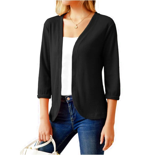 GRACE KARIN Women's Basic 3/4 Sleeve Open Front Waffle Knit Cropped Cardigan