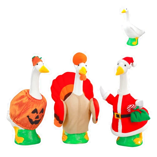 Fox Valley Traders Gaggleville Goose Winter Bundle, Includes 1 Baby 17 inch White Goose and 3 Winter Outfits Bundle - Turkey, Pumpkin & Santa Goose Outfits Included